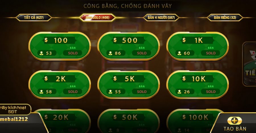 Mỗi trò chơi đánh bài bạn sẽ được lựa chọn một mức cược phù hợp theo sở thích cá nhân
